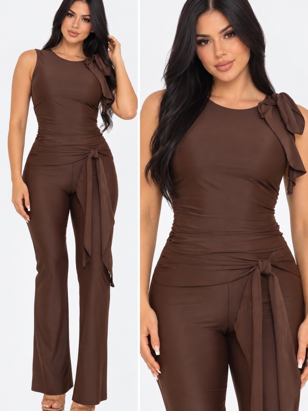 Sleeveless Tie-Waist Jumpsuit - Brown